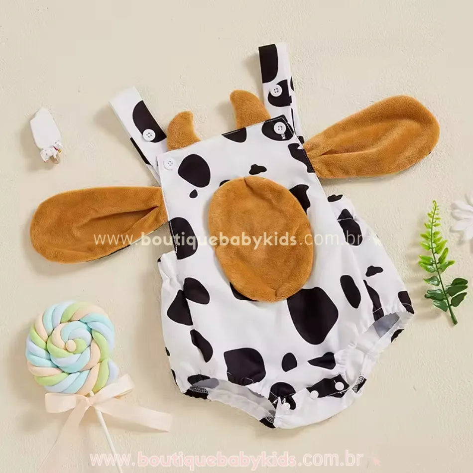 Body Bebê Jardineira Temática Fantasia Vaquinha Orelhuda - Boutique Baby Kids
