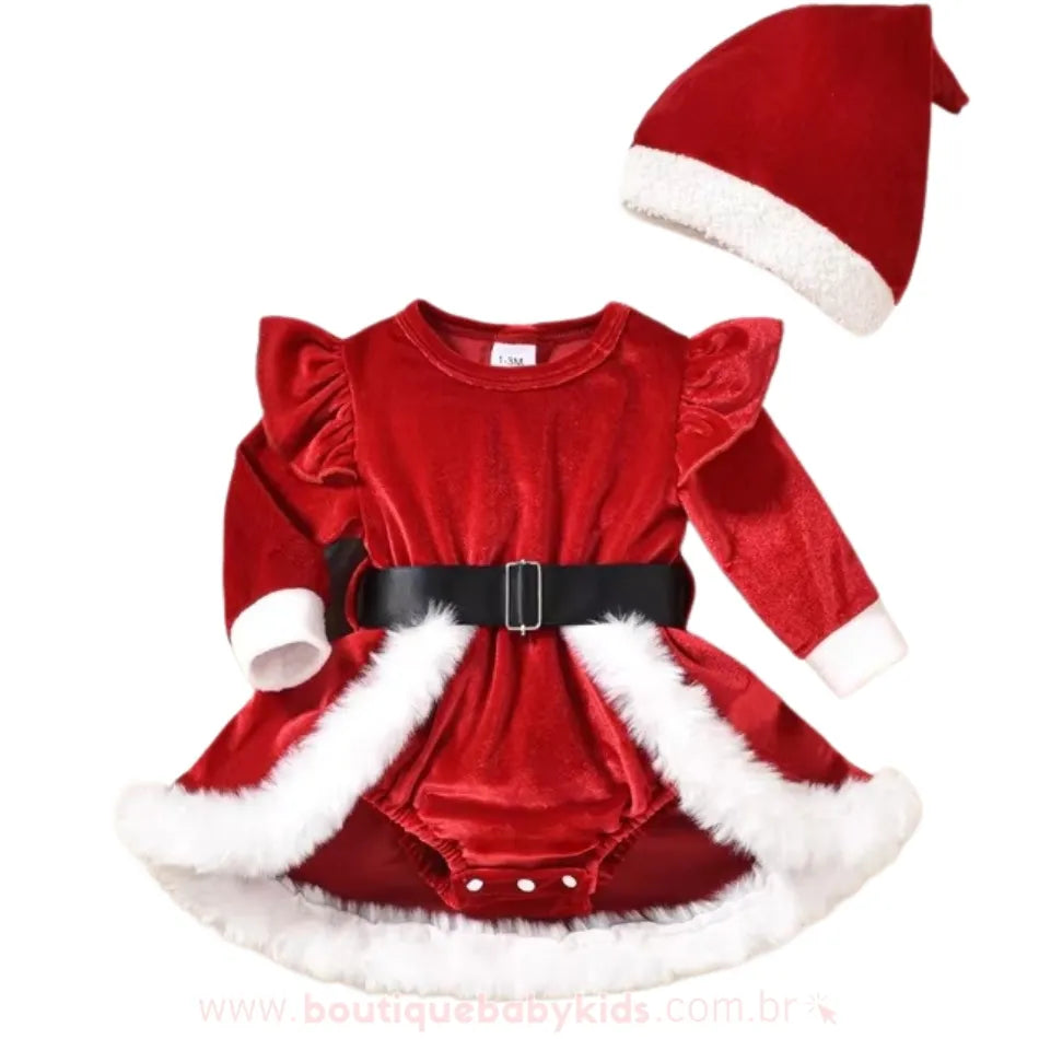 Body Bebê Mamãe Noel de Veludo com Gorro - Boutique Baby Kids