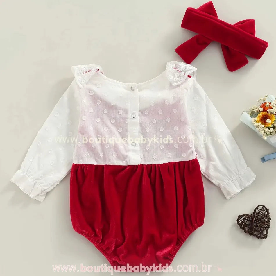 Body Bebê Veludo Gola Rendada com Faixa
