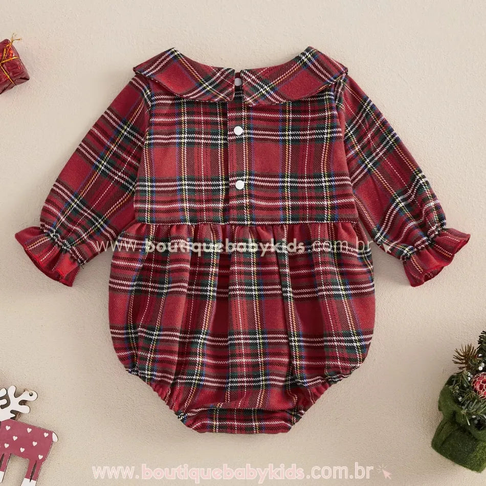 Body Bebê Xadrez Bordado Papai Noel e Renas