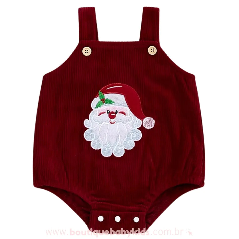 Body Bebê Jardineira Bordado Papai Noel Veludo Cotelê Vermelho - Frete Grátis #vermelho