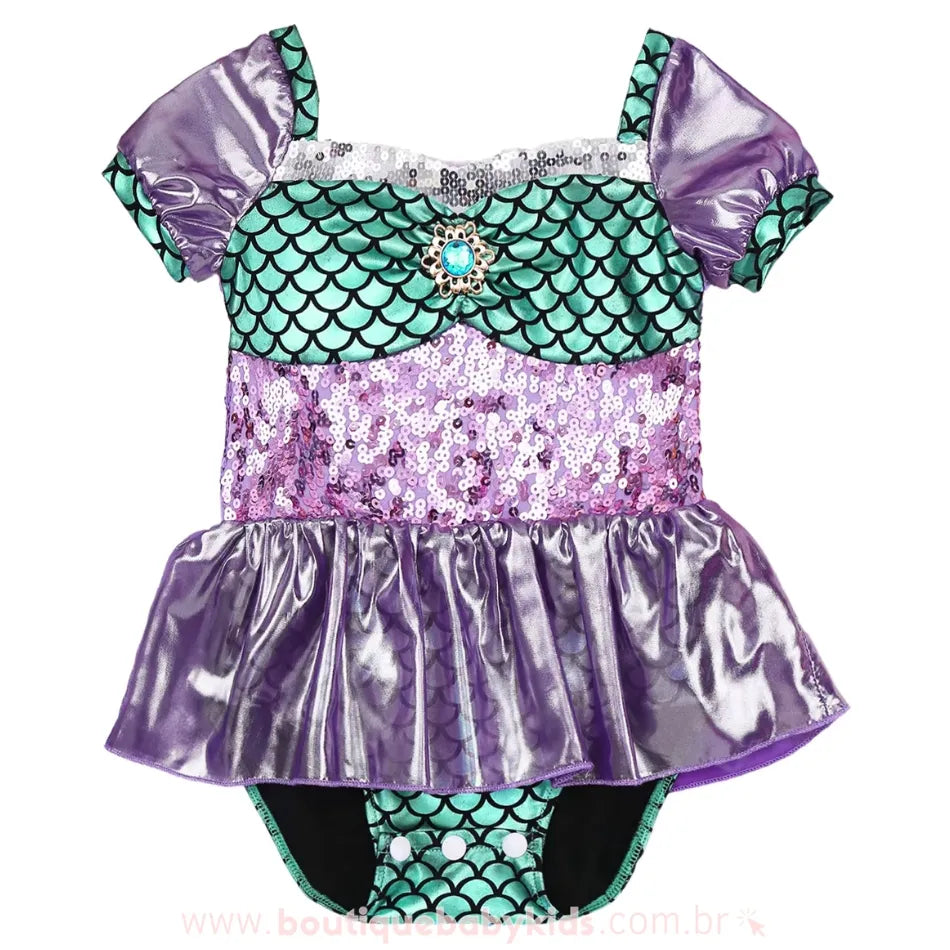 Body Temático Pequena Sereia com Paetês Verde e Lilás - Boutique Baby Kids