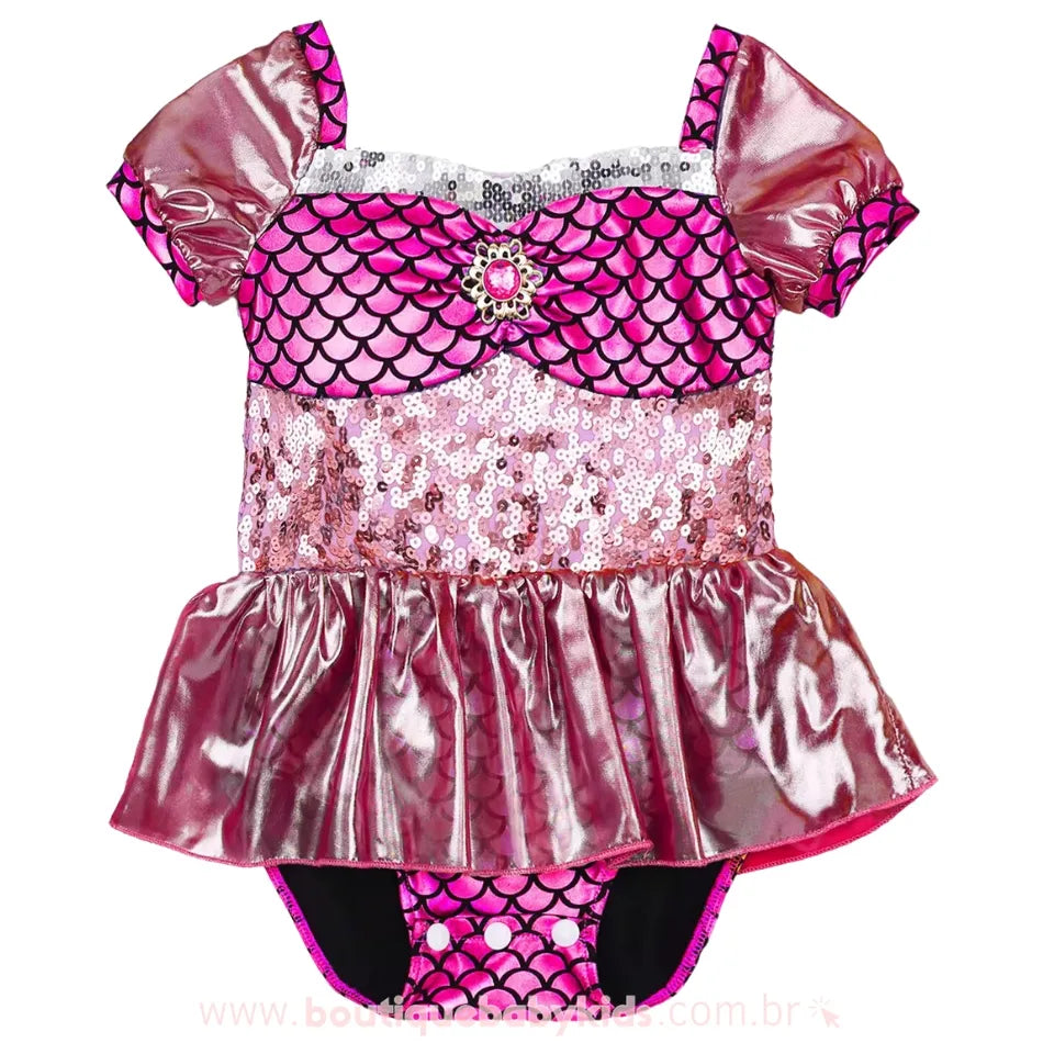 Body Temático Pequena Sereia com Paetês Rosa - Boutique Baby Kids