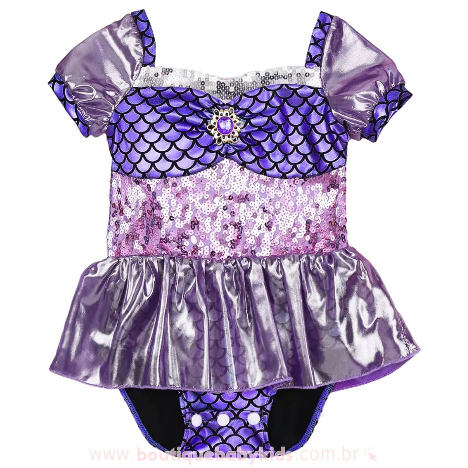 Body Temático Pequena Sereia com Paetês Roxo e Lilás - Boutique Baby Kids