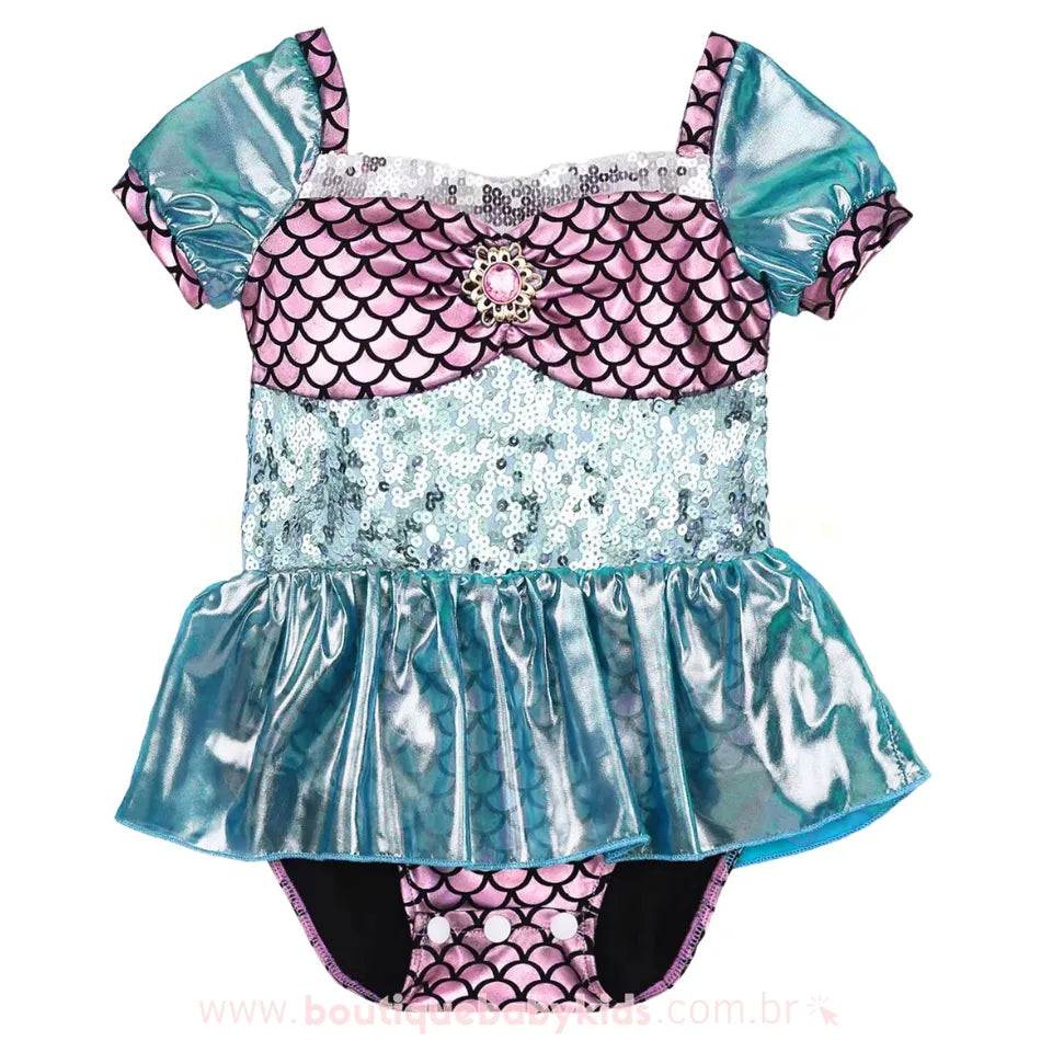 Body Temático Pequena Sereia com Paetês Rosa e Azul - Boutique Baby Kids