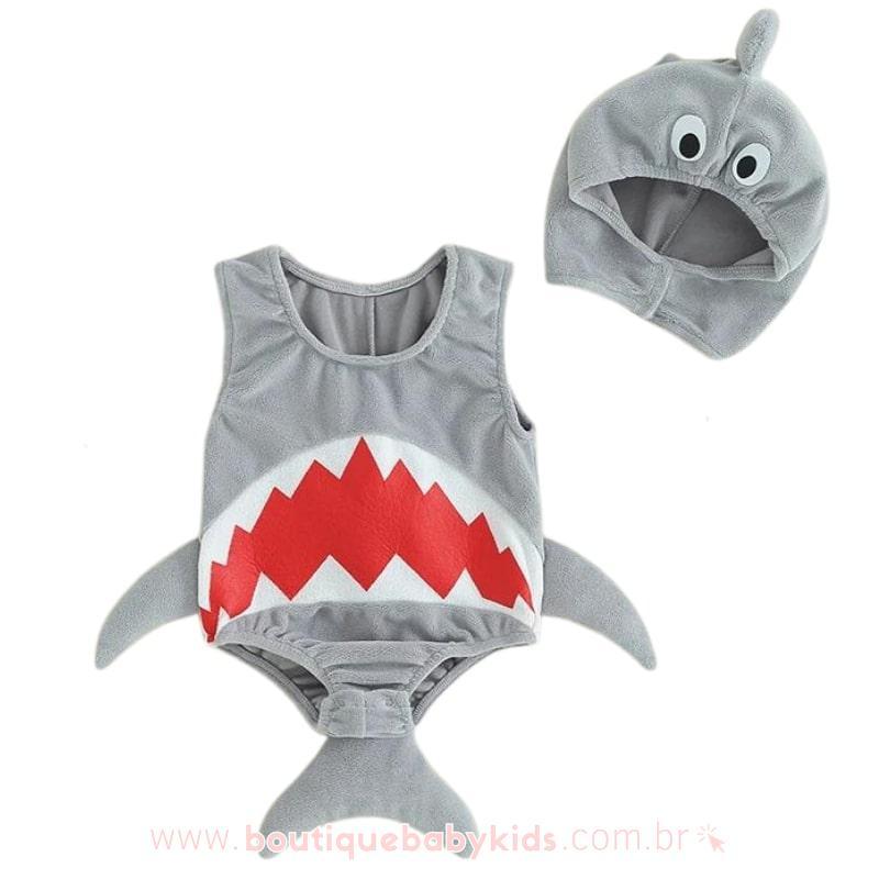 Body Bebê Fantasia Tubarão com Touca Cinza - Boutique Baby Kids