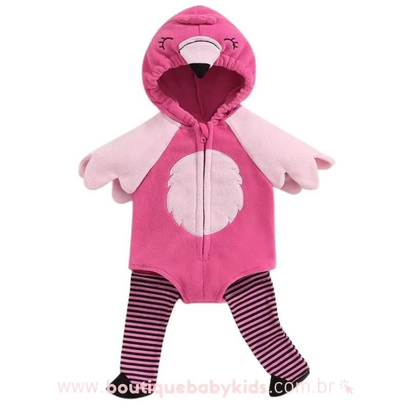 Body Bebê Fantasia Flamingo com Meia Rosa Mesversário - Boutique Baby Kids