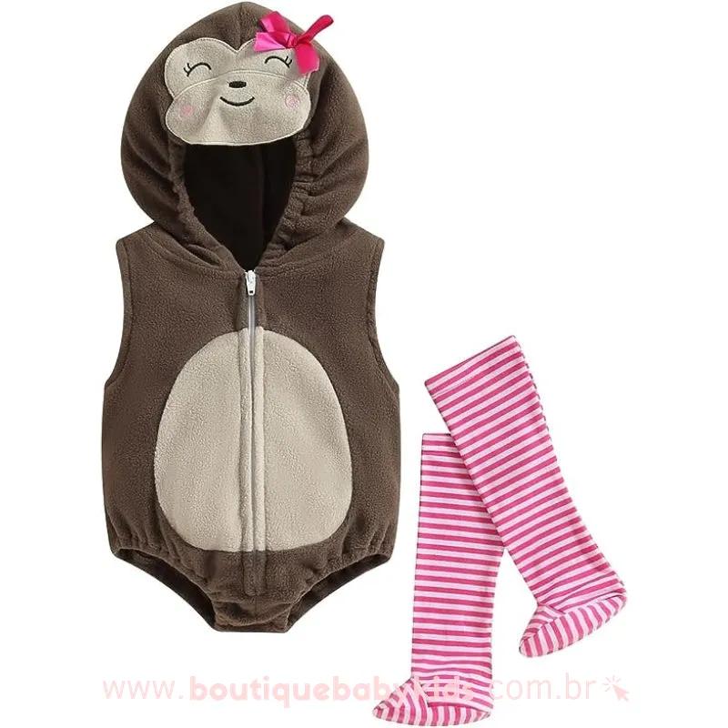 Body Bebê Fantasia Macaquinha com Meia Marrom e Rosa Mesversário - Boutique Baby Kids