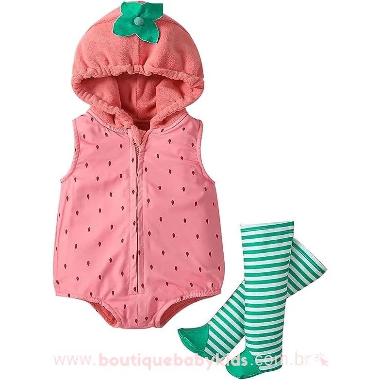 Body Bebê Fantasia Moranguinho Rosa com Meia Mesversário - Boutique Baby Kids