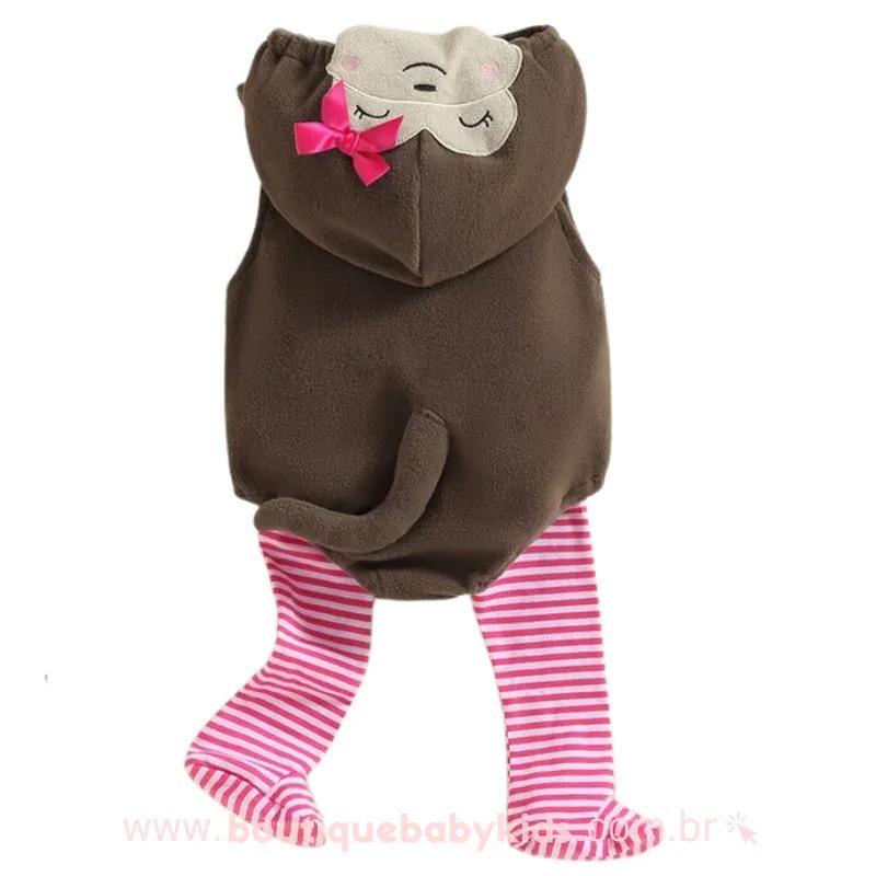 Body Bebê Fantasia Macaquinha com Meia Marrom e Rosa Mesversário - Boutique Baby Kids