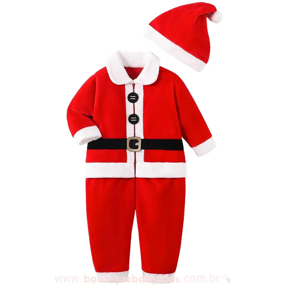 Macacão Bebê Fantasia Papai Noel com Gorro Vermelho - Boutique Baby Kids