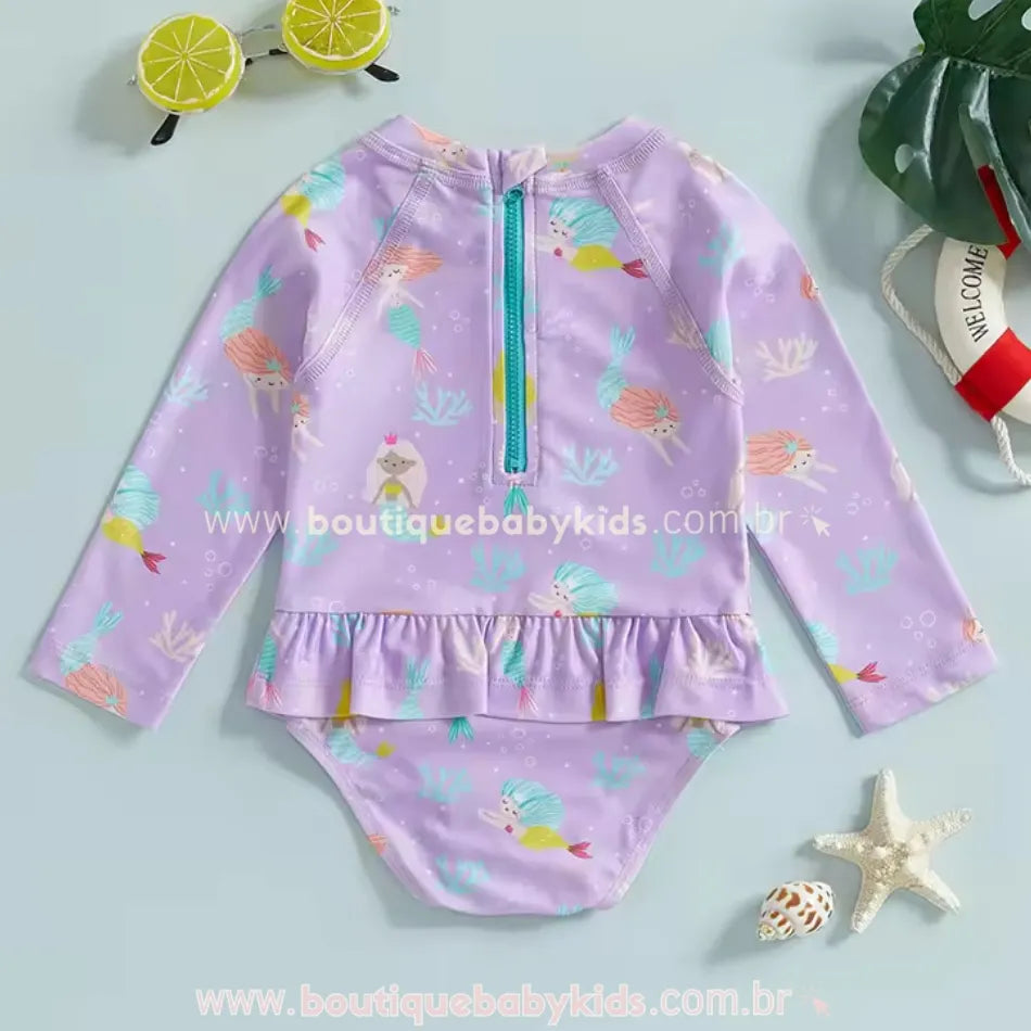 Maiô Bebê Estampa Sereias Manga Longa Lilás - Boutique Baby Kids