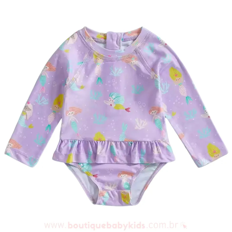Maiô Bebê Estampa Sereias Manga Longa Lilás - Boutique Baby Kids