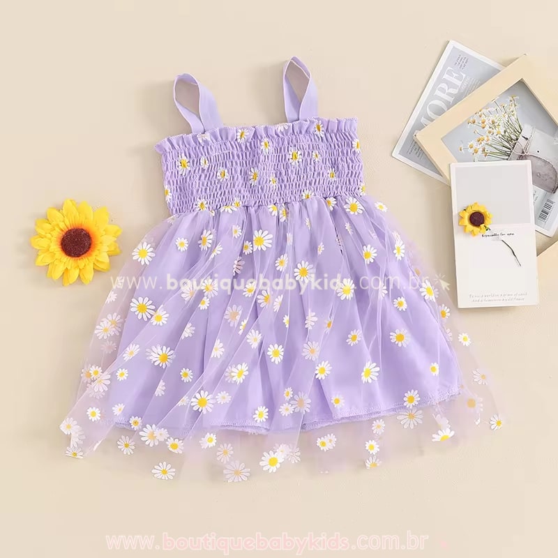 Vestido Bebê Lastex Tule Margaridas Lilás - Boutique Baby Kids