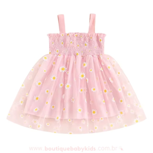 Vestido Bebê Lastex Tule Margaridas Rosa - Boutique Baby Kids