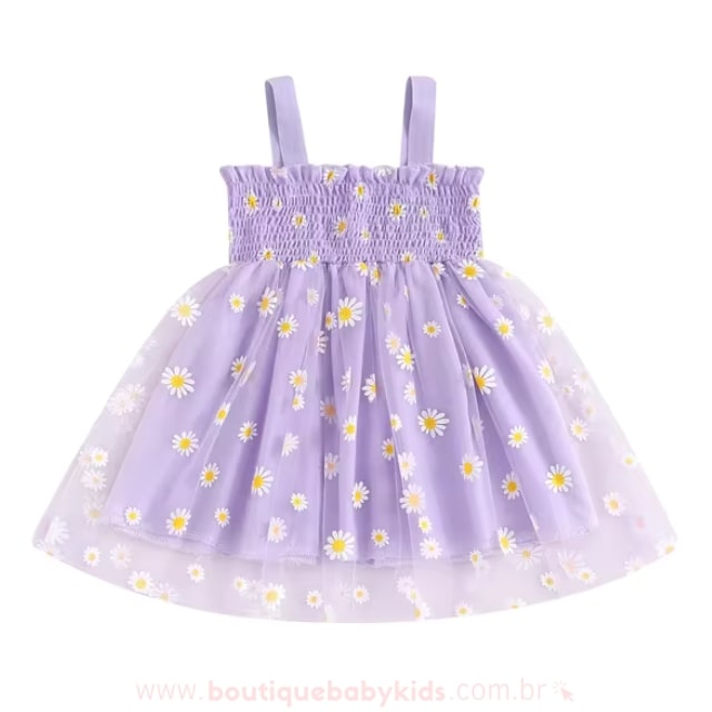 Vestido Bebê Lastex Tule Margaridas Lilás - Boutique Baby Kids