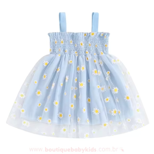 Vestido Bebê Lastex Tule Margaridas Azul - Boutique Baby Kids #azul