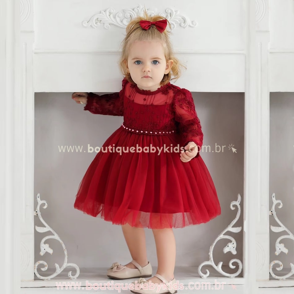 Vestido Bebê Renda Bordeaux com Tule Luxo - Boutique Baby Kids