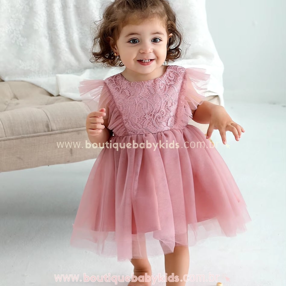 Vestido Bebê Rendado Rosa com Tule - Boutique Baby Kids