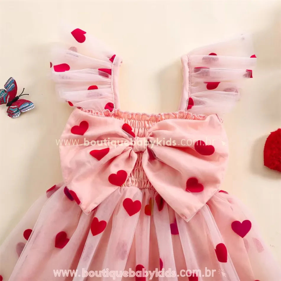 Vestido Infantil Tule Corações Encantados