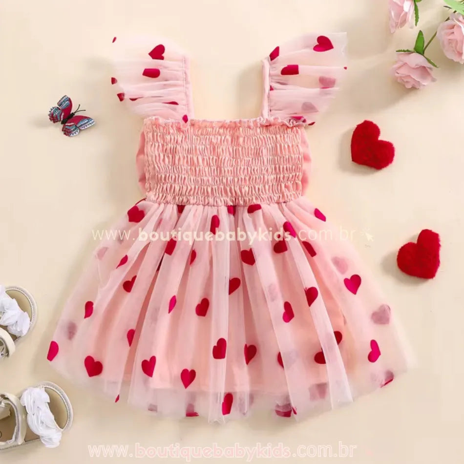 Vestido Infantil Tule Corações Encantados Rosa - Boutique Baby Kids