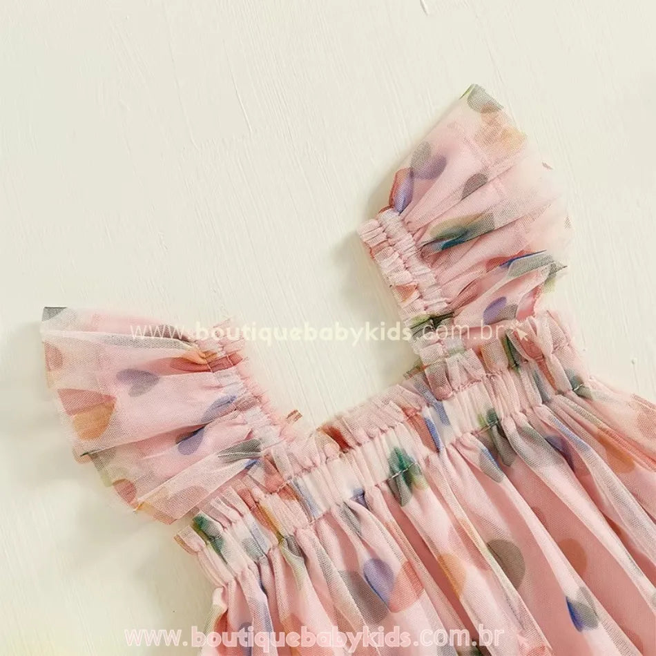 Vestido Infantil Tule Estampa Corações