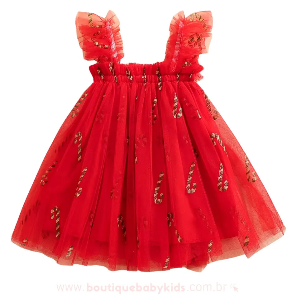 Vestido Infantil Temático de Natal Bengala Doce com Tule Vermelho - Boutique Baby Kids