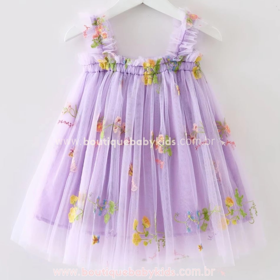 Vestido Bebê Bordado Flores Tule Jardim Encantado Lilás - Boutique Baby Kids