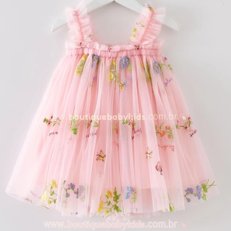 Vestido Bebê Bordado Flores Tule Jardim Encantado Rosa - Boutique Baby Kids