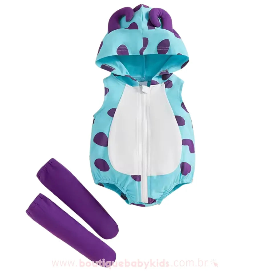 Vista frontal do body fantasia Monstrinho Sulley, com capuz e meias roxas ao lado, realçando o conjunto completo.