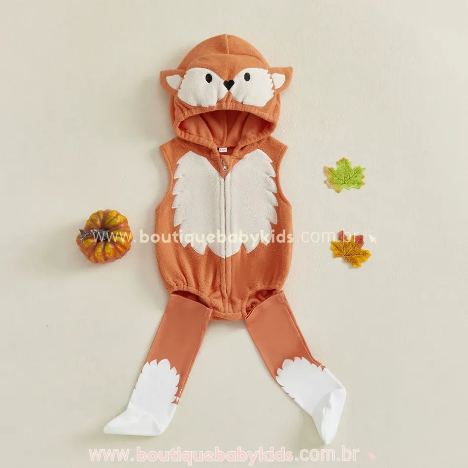 Conjunto completo fantasia de raposa com body peluciado com capuz e meias estampadas simulando patinhas. - Boutique Baby Kids