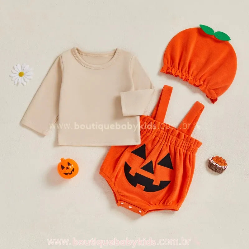 Conjunto Bebê Temático Halloween Abóbora Doce com Touca Laranja - Boutique Baby Kids