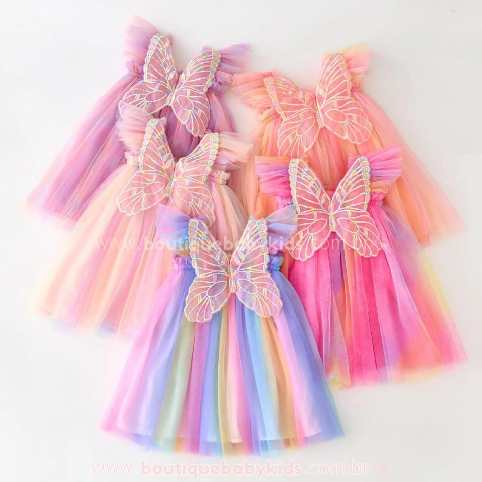 Vestido Bebê Borboleta Tule com Asinhas Multicor - Boutique Baby Kids