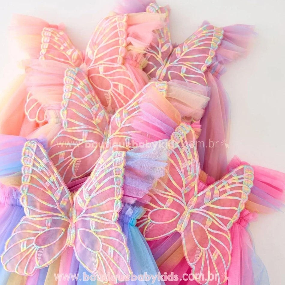 Vestido Bebê Borboleta Tule com Asinhas Multicor - Boutique Baby Kids