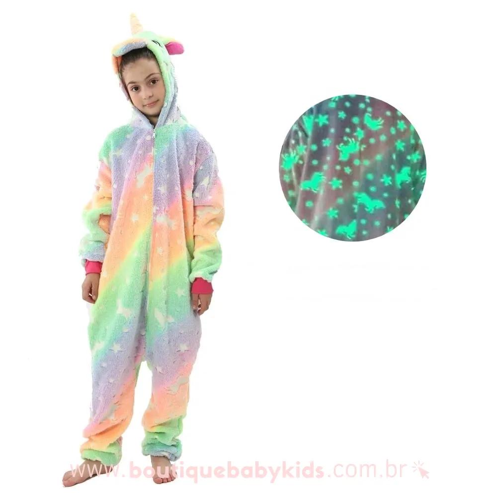 Pijama Infantil Kigurumi Fantasia Brilha no Escuro Unicórnio Colorido - 3 a 12 Anos - Boutique Baby Kids