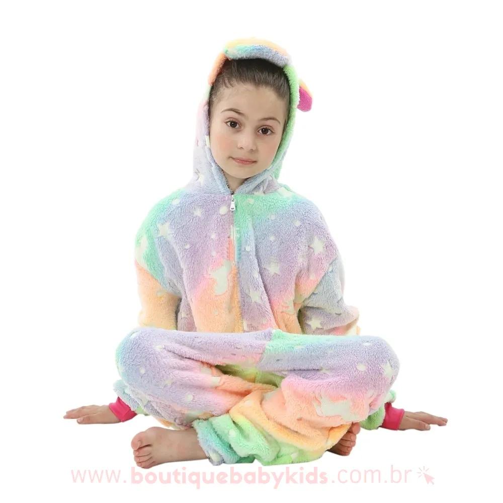 Pijama Infantil Kigurumi Fantasia Brilha no Escuro Unicórnio Colorido - 3 a 12 Anos - Boutique Baby Kids
