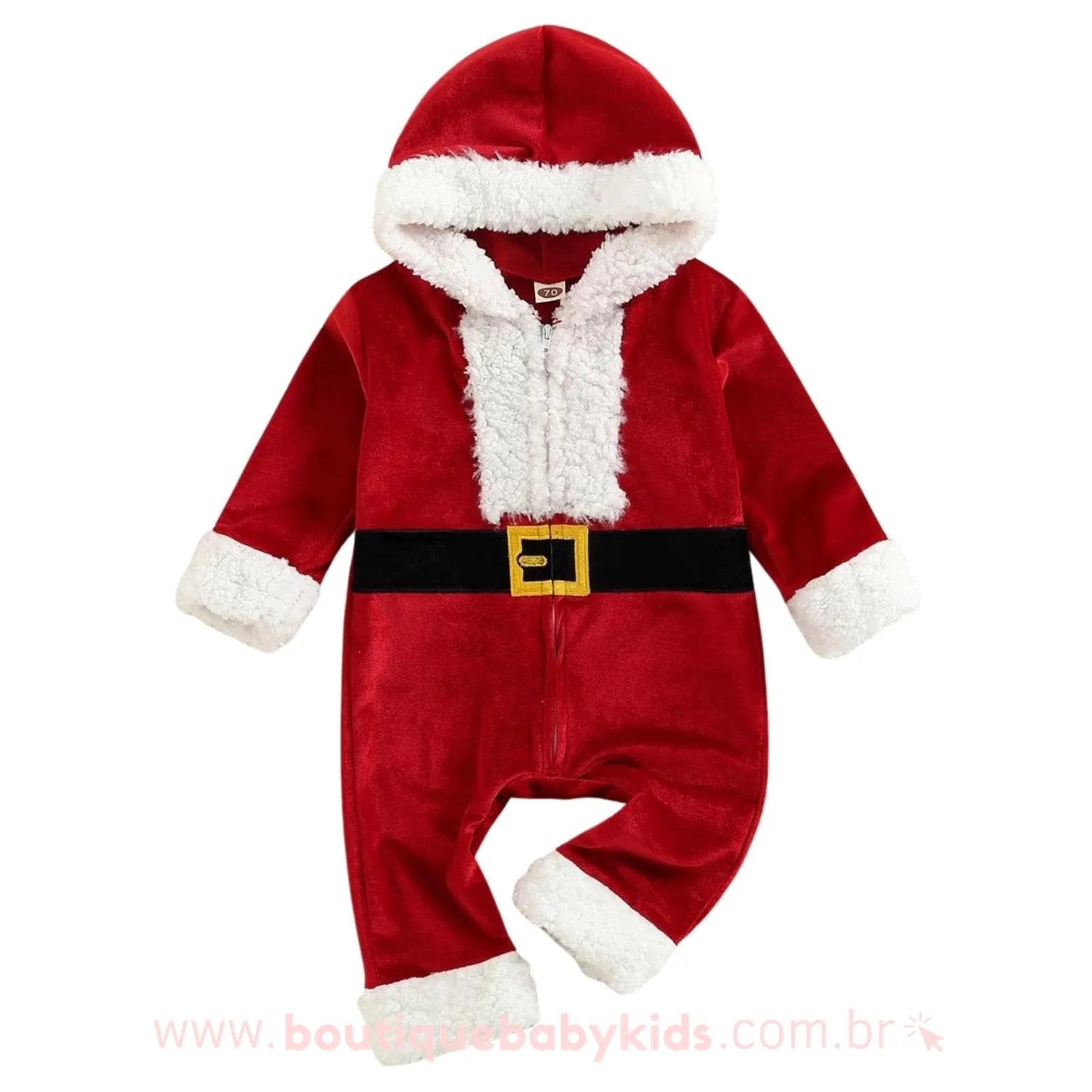 Macacão Bebê Veludo Fantasia Papai Noel com Capuz - Boutique Baby Kids