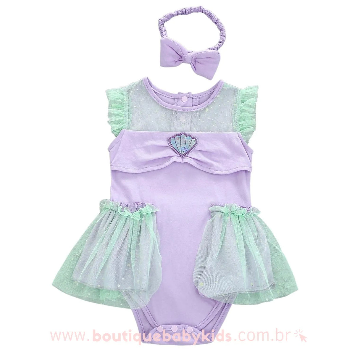 Body Bebê Fantasia Princesa Ariel Pequena Sereia Tule com Faixa Lilás - Boutique Baby Kids