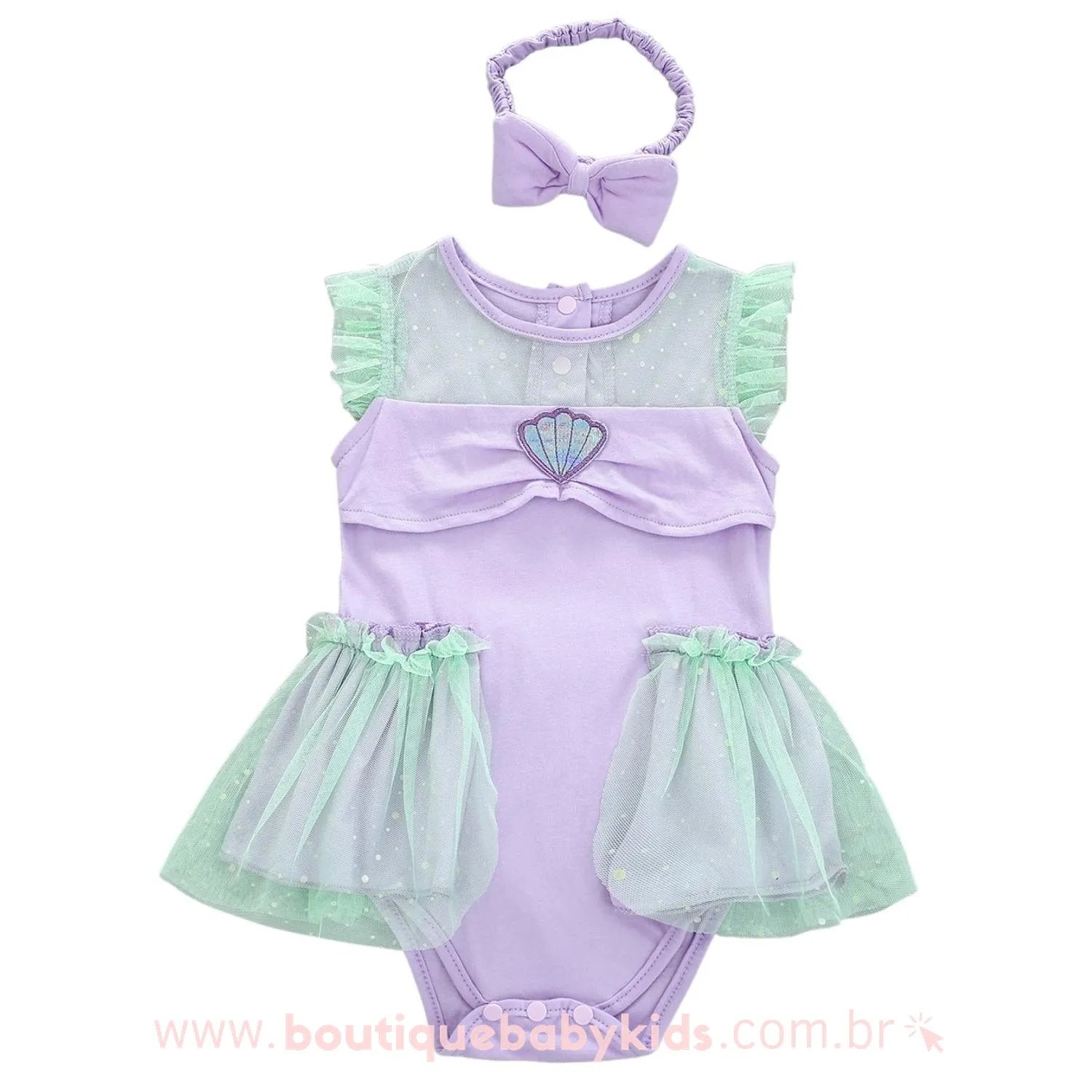 Body Bebê Fantasia Princesa Ariel Pequena Sereia Tule com Faixa Lilás - Boutique Baby Kids