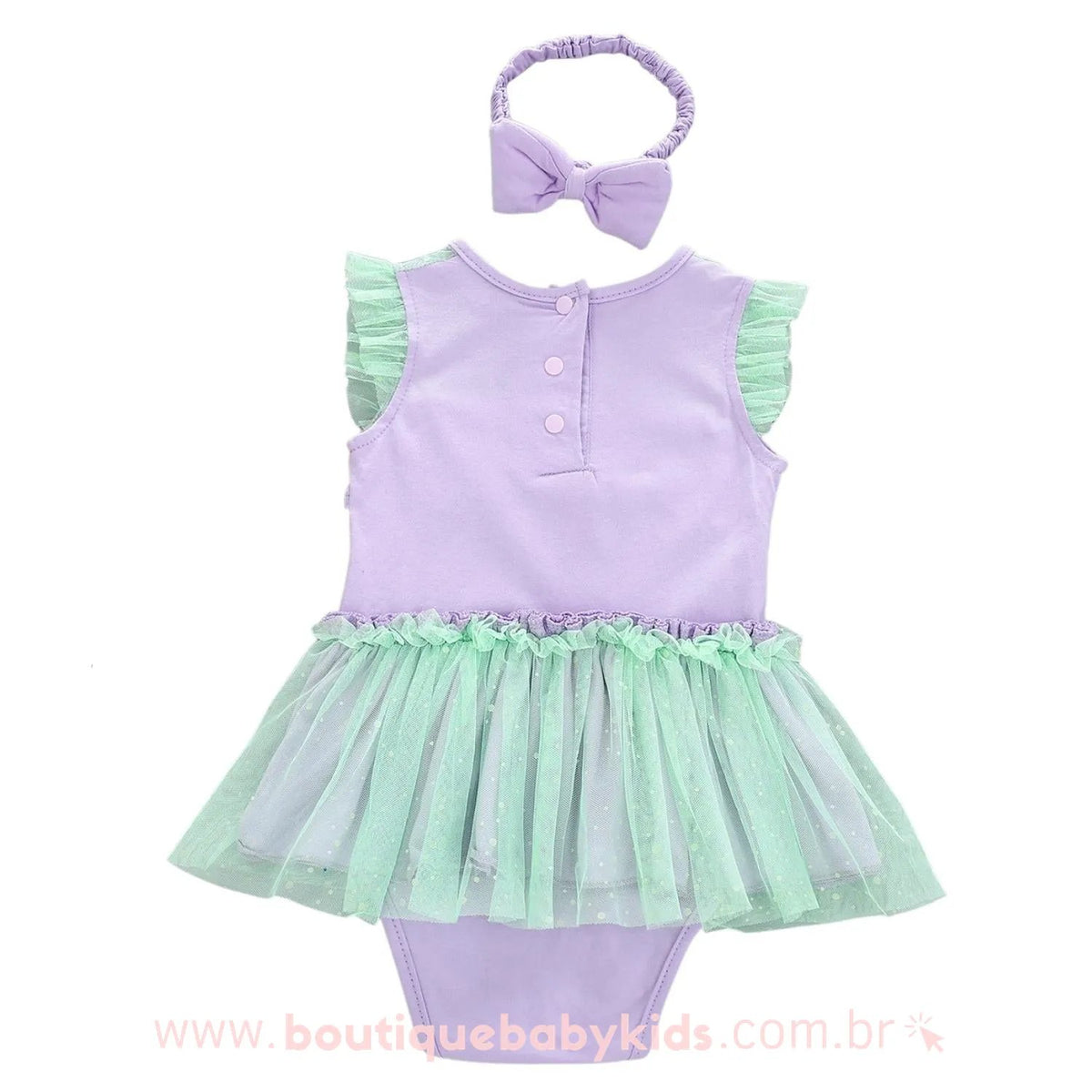 Body Bebê Fantasia Princesa Ariel Pequena Sereia Tule com Faixa Lilás - Boutique Baby Kids