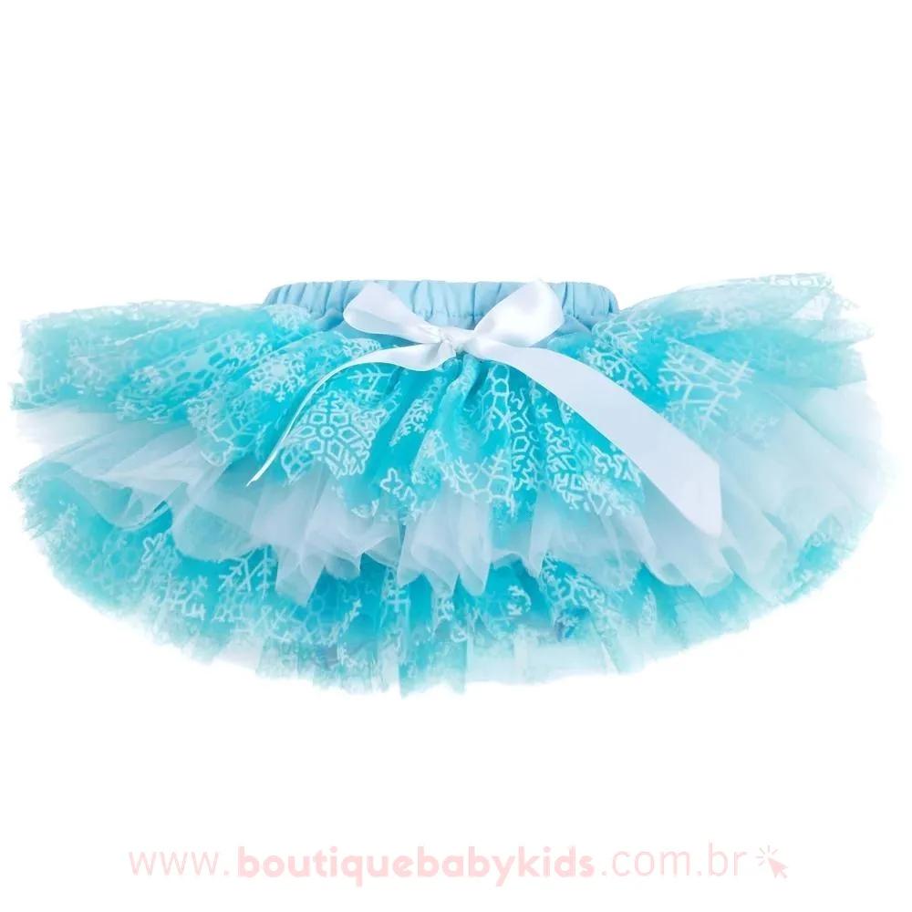Saia Bebê Tule Flocos de Neve Frozen Elsa Azul - Boutique Baby Kids
