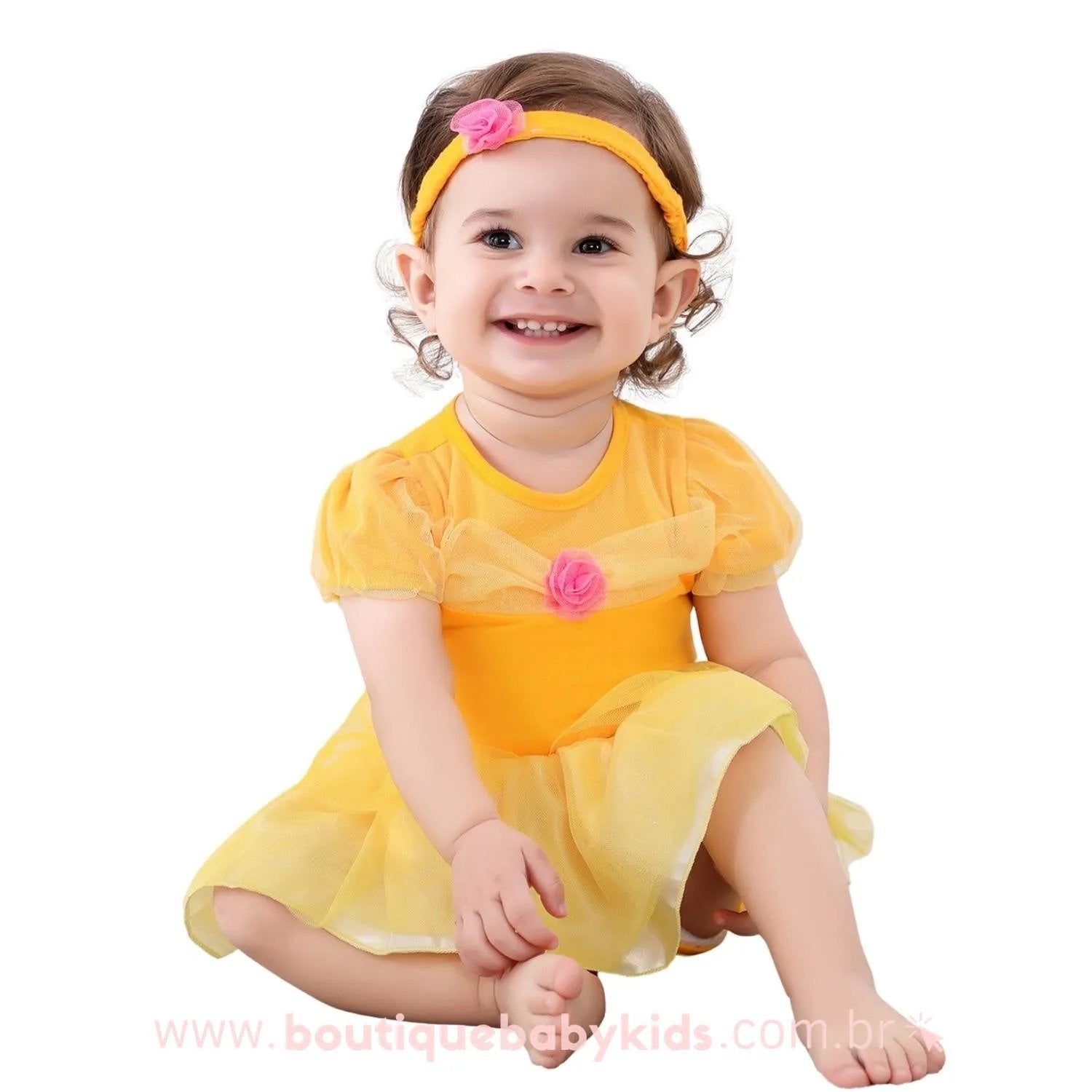 Vestido Bebê Fantasia Disney Princesa Bela com Faixa - Boutique Baby Kids
