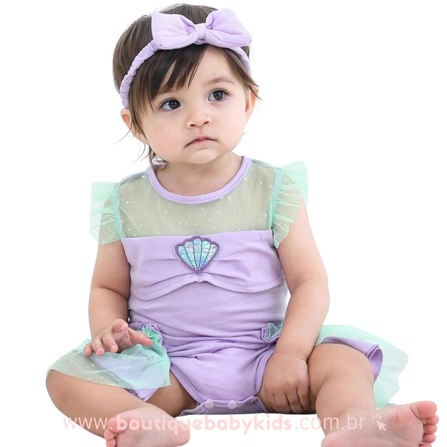 Body Bebê Fantasia Princesa Ariel Pequena Sereia Tule com Faixa Lilás - Boutique Baby Kids