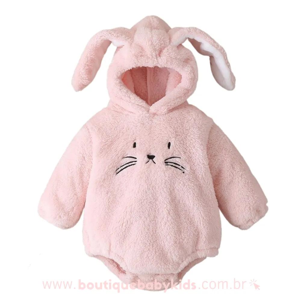 Body Bebê Inverno Fantasia Coelhinho com Capuz Orelhinhas  Rosa - Frete Grátis - Boutique Baby Kids