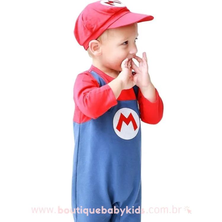 Macacão Bebê Fantasia Mario Bros com Boné Vermelho - Boutique Baby Kids