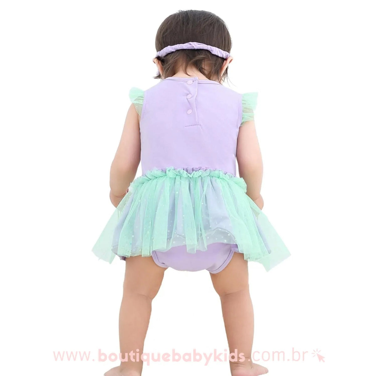 Body Bebê Fantasia Princesa Ariel Pequena Sereia Tule com Faixa Lilás - Boutique Baby Kids
