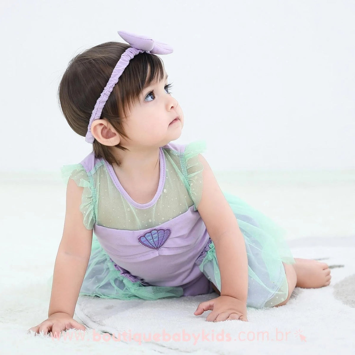 Body Bebê Fantasia Princesa Ariel Pequena Sereia Tule com Faixa Lilás - Boutique Baby Kids