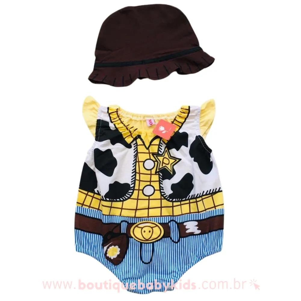 Body Bebê Fantasia Woody Toy Story com Touca
