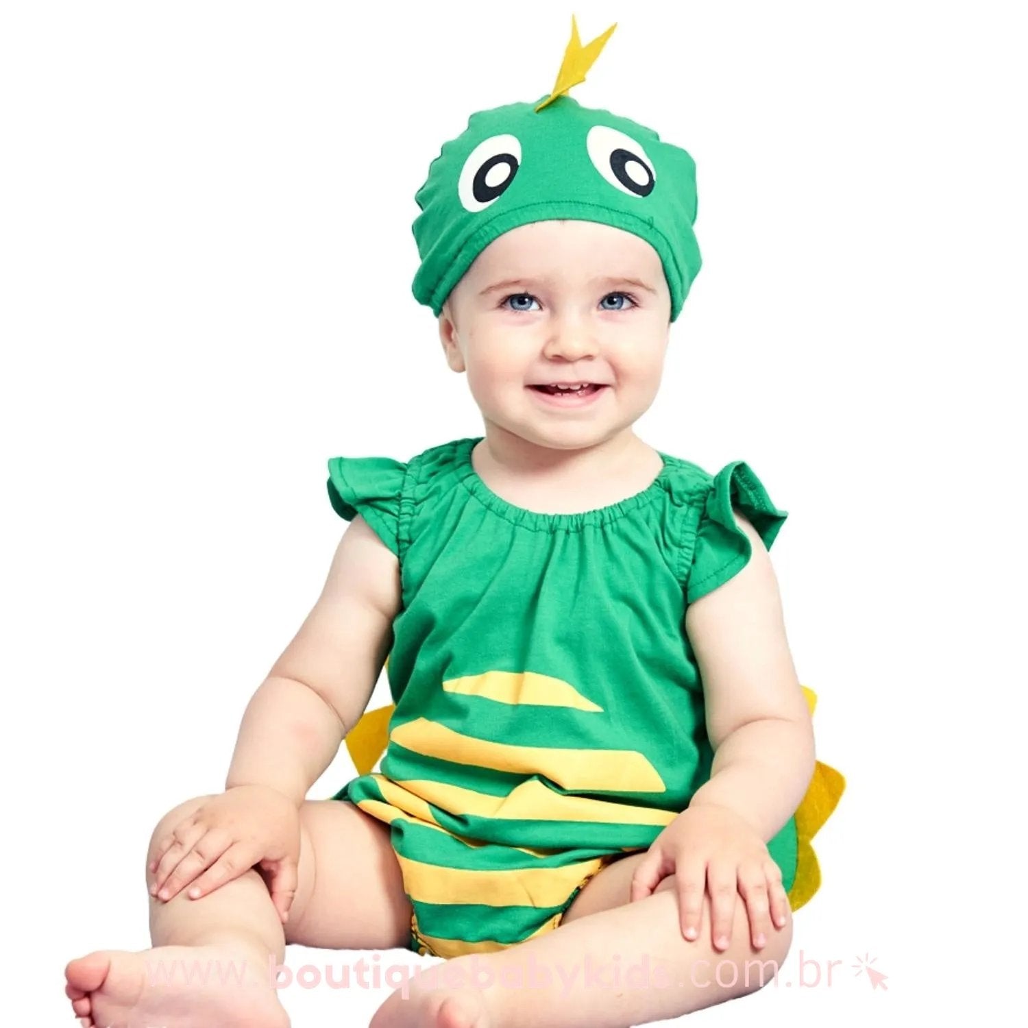 Body Bebê Fantasia Dinossauro com Touca Verde - Frete Grátis - Boutique Baby Kids