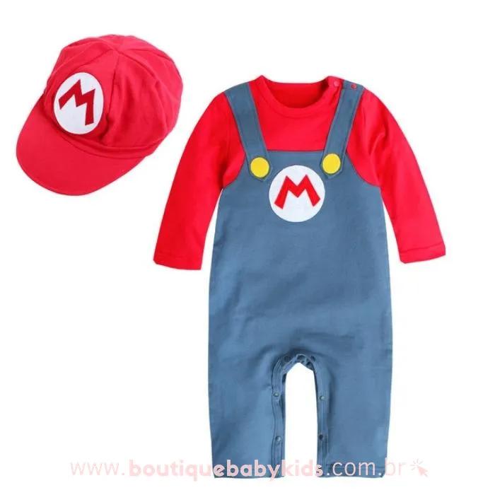 Macacão Bebê Fantasia Mario Bros com Boné Vermelho - Boutique Baby Kids